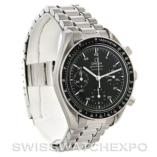 The image shows an Omega Speedmaster 3510.50.00 Men
s Stainless Steel Black Dial 3510.50.00 Men
s Stainless Steel Black Dial watch at an angled side view, highlighting its black dial, tachymeter bezel, and stainless steel bracelet.