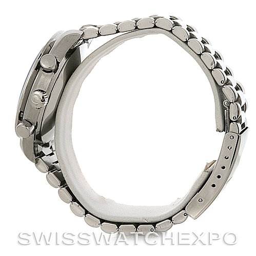 This image shows a side view of the Omega Speedmaster 3510.50.00 Men
s Stainless Steel Black Dial 3510.50.00 Men
s Stainless Steel Black Dial watch, focusing on its stainless steel case and bracelet.