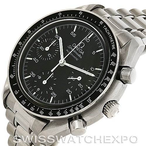 The image shows an angled view of the Omega Speedmaster 3510.50.00 Men
s Stainless Steel Black Dial 3510.50.00 Men
s Stainless Steel Black Dial watch, highlighting its bezel, dial, subdials, crown, and stainless steel bracelet.