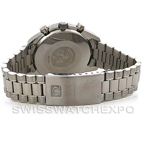 This image shows the back view of an Omega Speedmaster 3510.50.00 Men
s Stainless Steel Black Dial 3510.50.00 Men
s Stainless Steel Black Dial watch, highlighting the stainless steel bracelet and clasp.