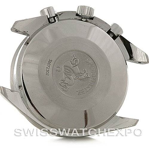 The image shows the backside and case back of the Omega Speedmaster 3510.50.00 Men
s Stainless Steel Black Dial 3510.50.00 Men
s Stainless Steel Black Dial watch with the brand engraving.