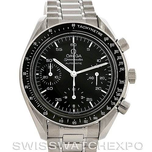 The watch, an Omega Speedmaster 3510.50.00 Men
s Stainless Steel Black Dial 3510.50.00 Men
s Stainless Steel Black Dial model, is shown from the front, displaying its black dial, tachymeter bezel, and stainless steel bracelet.