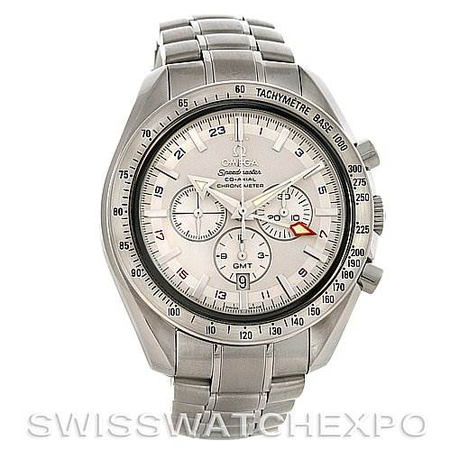The image shows a front view of an Omega Speedmaster 3581.30.00 Men's Stainless Steel White Dial 3581.30.00 Men's Stainless Steel White Dial watch, showcasing its dial, bezel with tachymeter, and stainless steel bracelet.