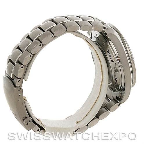 The Omega Speedmaster 3581.30.00 Men's Stainless Steel White Dial 3581.30.00 Men's Stainless Steel White Dial watch is displayed from a rear angle showing the bracelet and partially the caseback.