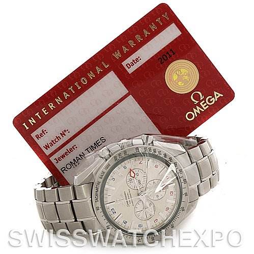 The image shows an Omega Speedmaster 3581.30.00 Men's Stainless Steel White Dial 3581.30.00 Men's Stainless Steel White Dial watch along with an International Warranty card in the background.
