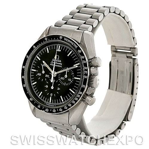 The image shows an Omega Speedmaster Men
s Stainless Steel Black Dial Men
s Stainless Steel Black Dial watch at a 3/4 angle, displaying its face, bezel, crown, pushers, and metal bracelet.