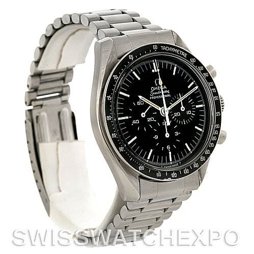 The image shows an Omega Speedmaster Men
s Stainless Steel Black Dial Men
s Stainless Steel Black Dial watch at a three-quarter angle, highlighting its face, bezel, and stainless steel bracelet.