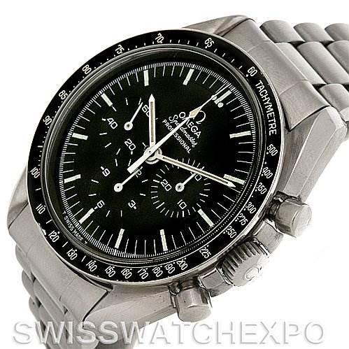 The image shows an Omega Speedmaster Men
s Stainless Steel Black Dial Men
s Stainless Steel Black Dial watch at an angled perspective, highlighting the face, bezel, crown, and part of the bracelet.