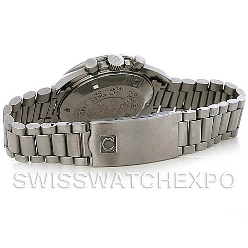 This image shows the back view of an Omega Speedmaster Men
s Stainless Steel Black Dial Men
s Stainless Steel Black Dial watch, focusing on the stainless steel bracelet and clasp.