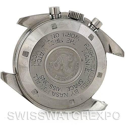 This image shows the back case of an Omega Speedmaster Men
s Stainless Steel Black Dial Men
s Stainless Steel Black Dial watch from an overhead angle.