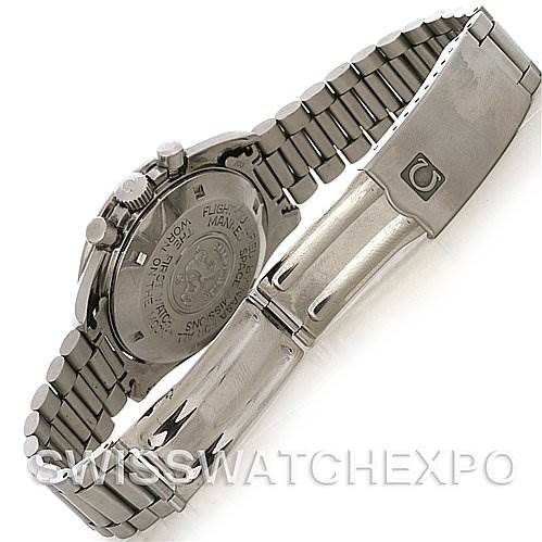 The image shows the back case and clasp of an Omega Speedmaster Men
s Stainless Steel Black Dial Men
s Stainless Steel Black Dial watch, highlighting the bracelet design and engraved details.