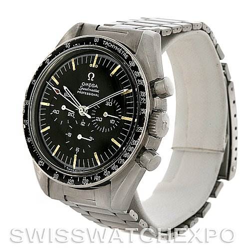 The image shows a side and front angle of an Omega Speedmaster Men
s Stainless Steel Black Dial Men
s Stainless Steel Black Dial watch, highlighting the face, bezel, crown, and pushers.