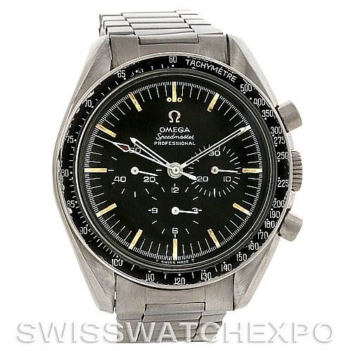 This image shows a front view of the Omega Speedmaster Men
s Stainless Steel Black Dial Men
s Stainless Steel Black Dial Professional watch, highlighting its dial, bezel, and stainless steel bracelet.