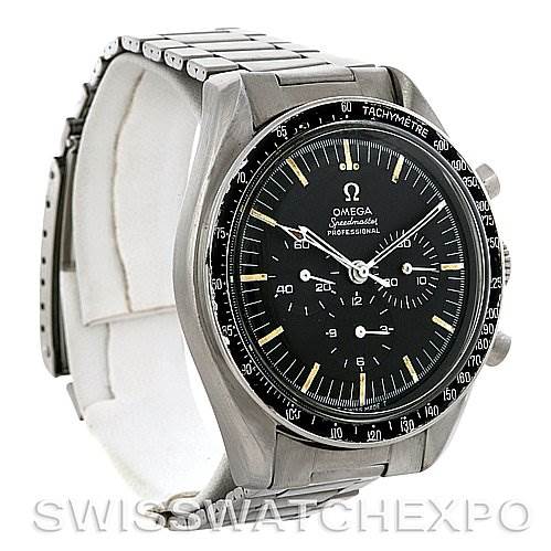 The image shows a side-angle view of the Omega Speedmaster Men
s Stainless Steel Black Dial Men
s Stainless Steel Black Dial watch, highlighting its stainless steel bracelet, black dial, and tachymeter bezel.