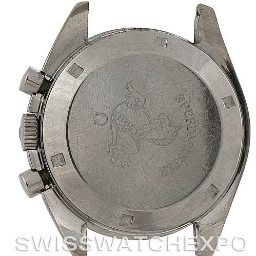 This image shows the back case and lugs of an Omega Speedmaster Men
s Stainless Steel Black Dial Men
s Stainless Steel Black Dial watch, including the crown and pushers on the side.