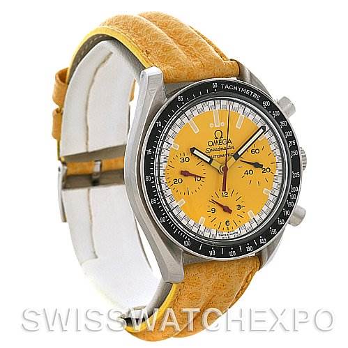 The image shows an Omega Speedmaster 3810.12.40 Men's Stainless Steel Yellow Dial 3810.12.40 Men's Stainless Steel Yellow Dial watch at a slight angle, highlighting its yellow dial, black tachymeter bezel, and leather strap.