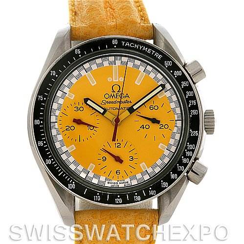 The image shows a frontal view of an Omega Speedmaster 3810.12.40 Men's Stainless Steel Yellow Dial 3810.12.40 Men's Stainless Steel Yellow Dial watch with a yellow dial, tachymeter bezel, and a yellow leather strap.