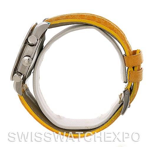 This image shows a side view of the Omega Speedmaster 3810.12.40 Men's Stainless Steel Yellow Dial 3810.12.40 Men's Stainless Steel Yellow Dial watch, highlighting the crown, pushers, and yellow leather strap.