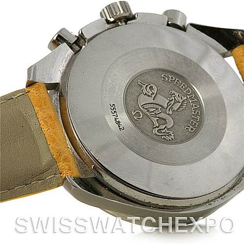 The image shows the back of an Omega Speedmaster 3810.12.40 Men's Stainless Steel Yellow Dial 3810.12.40 Men's Stainless Steel Yellow Dial watch, highlighting the case back, lugs, and leather strap.