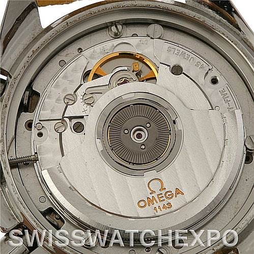 The image shows the internal mechanics of an Omega Speedmaster 3810.12.40 Men's Stainless Steel Yellow Dial 3810.12.40 Men's Stainless Steel Yellow Dial watch from a close-up, top-down angle.