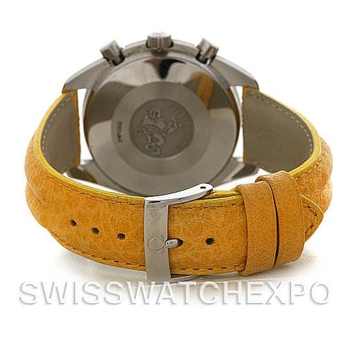 The image shows the back view of an Omega Speedmaster 3810.12.40 Men's Stainless Steel Yellow Dial 3810.12.40 Men's Stainless Steel Yellow Dial watch with a yellow leather strap and stainless steel buckle.