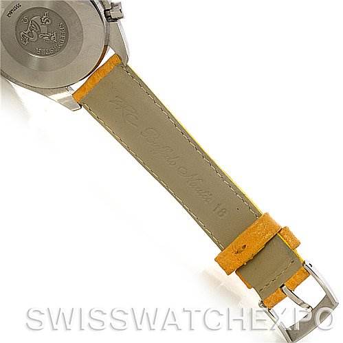 The image shows the back case and leather strap of the Omega Speedmaster 3810.12.40 Men's Stainless Steel Yellow Dial 3810.12.40 Men's Stainless Steel Yellow Dial watch from a rear angle.