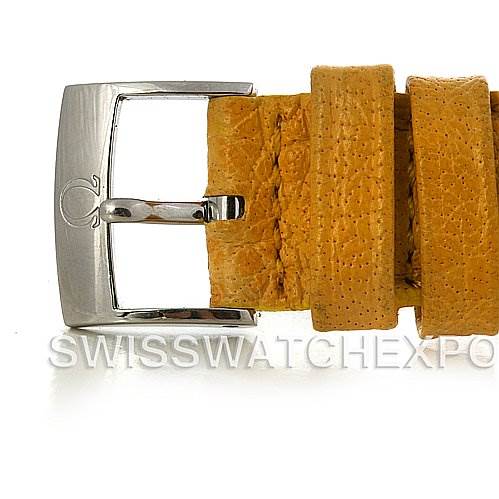 The image shows the buckle and end portion of an Omega Speedmaster 3810.12.40 Men's Stainless Steel Yellow Dial 3810.12.40 Men's Stainless Steel Yellow Dial watch strap in a close-up view.