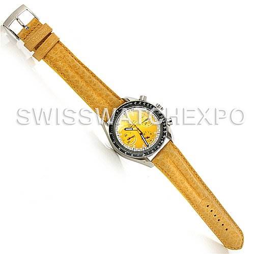 This image shows an overhead view of an Omega Speedmaster 3810.12.40 Men's Stainless Steel Yellow Dial 3810.12.40 Men's Stainless Steel Yellow Dial watch with a yellow dial and a brown leather strap.