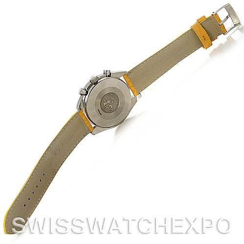 The image shows the back view of an Omega Speedmaster 3810.12.40 Men's Stainless Steel Yellow Dial 3810.12.40 Men's Stainless Steel Yellow Dial watch, highlighting the case back and leather strap with buckle.