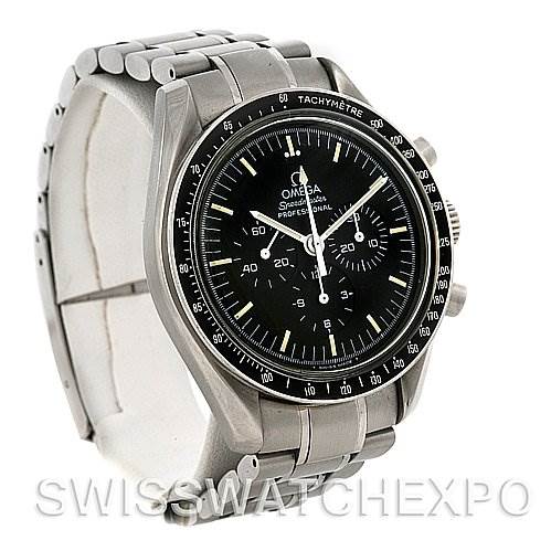 The image shows an Omega Speedmaster 3570.50 Men's Stainless Steel Black Dial 3570.50 Men's Stainless Steel Black Dial watch from a front-side angle, highlighting the face, bezel, and metal bracelet.