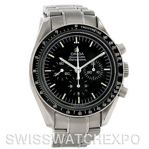 The image shows the Omega Speedmaster 3570.50 Men's Stainless Steel Black Dial 3570.50 Men's Stainless Steel Black Dial watch from a front angle, highlighting the dial, bezel, and stainless steel bracelet.