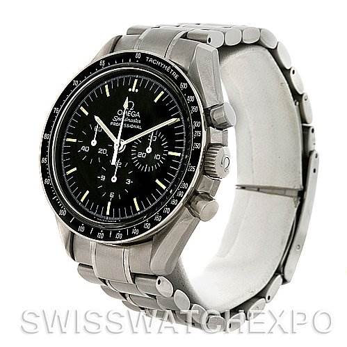 The image shows an Omega Speedmaster 3570.50 Men's Stainless Steel Black Dial 3570.50 Men's Stainless Steel Black Dial watch at a three-quarter angle, highlighting the face, bezel, and stainless steel bracelet.