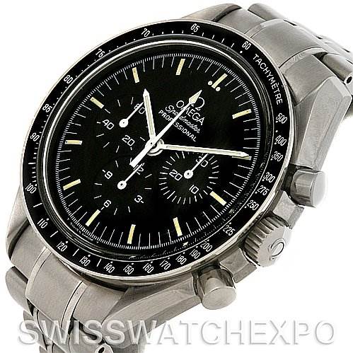 The image shows an Omega Speedmaster 3570.50 Men's Stainless Steel Black Dial 3570.50 Men's Stainless Steel Black Dial watch at an angled side view, highlighting its dial, bezel, crown, and chronograph pushers.