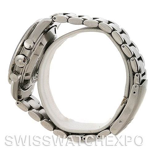 The image shows the side profile of an Omega Speedmaster 3570.50 Men's Stainless Steel Black Dial 3570.50 Men's Stainless Steel Black Dial watch, focusing on the stainless steel bracelet, case, and pushers.