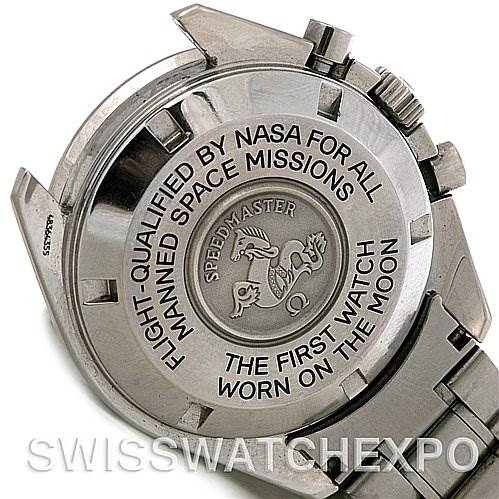 The image shows the back case of an Omega Speedmaster 3570.50 Men's Stainless Steel Black Dial 3570.50 Men's Stainless Steel Black Dial watch, highlighting the engraved text and imagery.