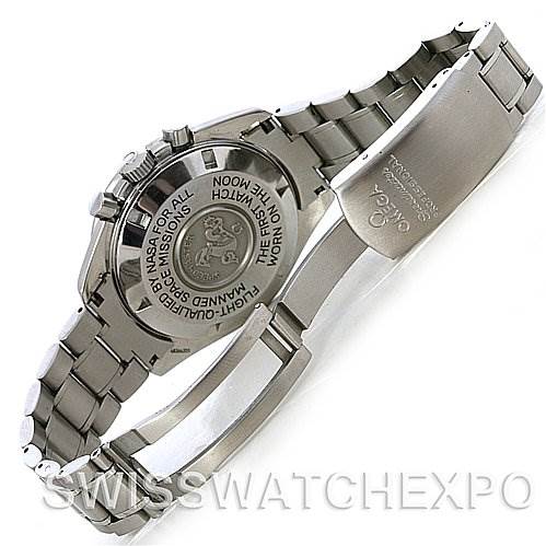 The image shows the back and side profile of an Omega Speedmaster 3570.50 Men's Stainless Steel Black Dial 3570.50 Men's Stainless Steel Black Dial watch, highlighting the case back and the clasp on the metal bracelet.