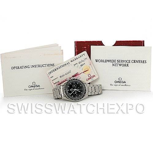 The image shows the Omega Speedmaster 3570.50 Men's Stainless Steel Black Dial 3570.50 Men's Stainless Steel Black Dial watch, operating instructions, an international warranty card, and a service centers booklet.