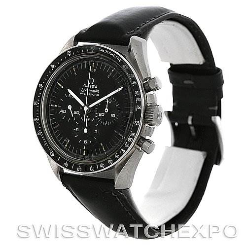 The image shows the Omega Speedmaster Men
s Stainless Steel Black Dial Men
s Stainless Steel Black Dial watch from a three-quarter angle, displaying the dial and the side pushers.