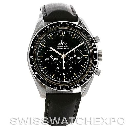 The image shows a frontal view of an Omega Speedmaster Men
s Stainless Steel Black Dial Men
s Stainless Steel Black Dial watch, highlighting its black dial, bezel, and leather strap.