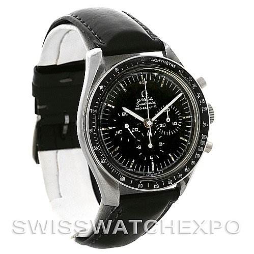 The Omega Speedmaster Men
s Stainless Steel Black Dial Men
s Stainless Steel Black Dial watch is shown at a slight angle, highlighting its black dial, tachymeter bezel, and black leather strap.