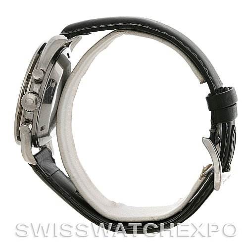 This image shows a side profile of an Omega Speedmaster Men
s Stainless Steel Black Dial Men
s Stainless Steel Black Dial watch, highlighting the case, crown, pushers, and leather strap.
