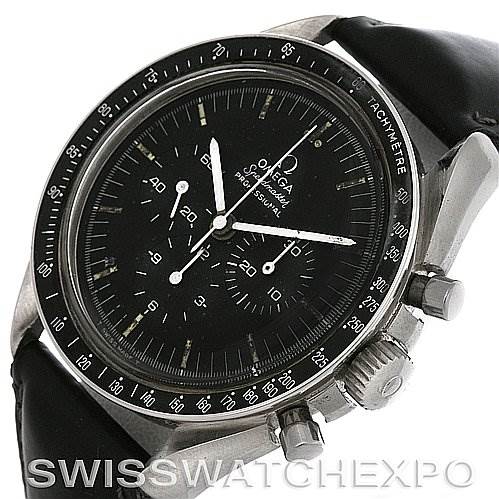 The image shows a close-up of an Omega Speedmaster Men
s Stainless Steel Black Dial Men
s Stainless Steel Black Dial watch at a slight angle, highlighting the dial, bezel, crown, and pushers.