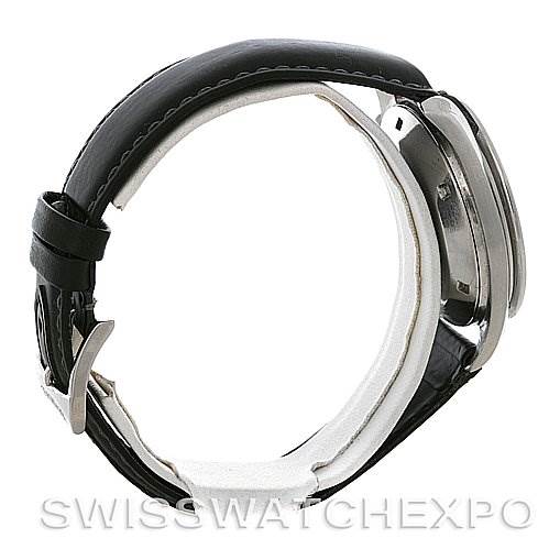 This side view of the Omega Speedmaster Men
s Stainless Steel Black Dial Men
s Stainless Steel Black Dial watch showcases its black leather strap and metal case.