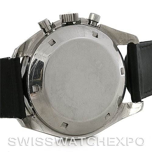 This image shows the back, crown, and pushers of the Omega Speedmaster Men
s Stainless Steel Black Dial Men
s Stainless Steel Black Dial watch.