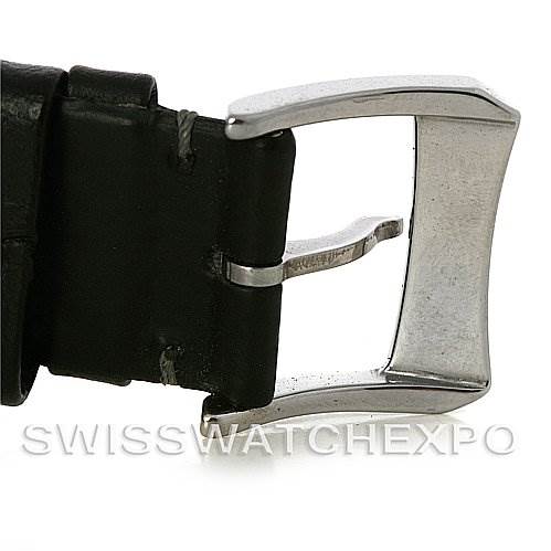 This image shows a close-up view of the buckle and leather strap of an Omega Speedmaster Men
s Stainless Steel Black Dial Men
s Stainless Steel Black Dial.