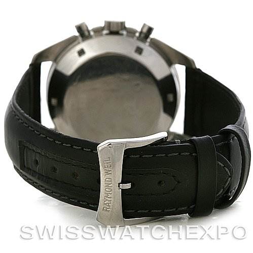 The image shows the back and strap of the Omega Speedmaster Men
s Stainless Steel Black Dial Men
s Stainless Steel Black Dial watch, with the buckle and leather strap visible.
