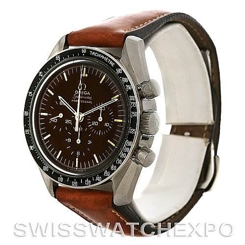 The Omega Speedmaster Men
s Stainless Steel Black Dial Men
s Stainless Steel Black Dial watch is shown at an angled side profile, displaying its face, bezel, crown, and pushers, with a brown leather strap.
