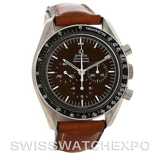 The image shows a front view of the Omega Speedmaster Men
s Stainless Steel Black Dial Men
s Stainless Steel Black Dial watch with a brown leather strap and tachymeter bezel.