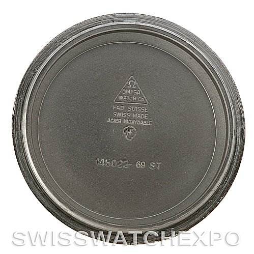 This image shows the inside case back of an Omega Speedmaster Men
s Stainless Steel Black Dial Men
s Stainless Steel Black Dial watch, displaying the Omega brand markings and model number.