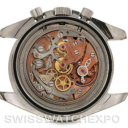 The image shows the intricate movement and inner workings of the Omega Speedmaster Men
s Stainless Steel Black Dial Men
s Stainless Steel Black Dial watch from a view of the back case.